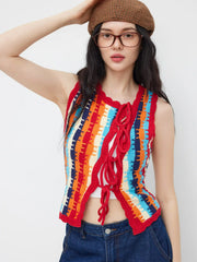 Knit Crochet Asymmetrical Neck Stripe Colorblock Tie Front Vest