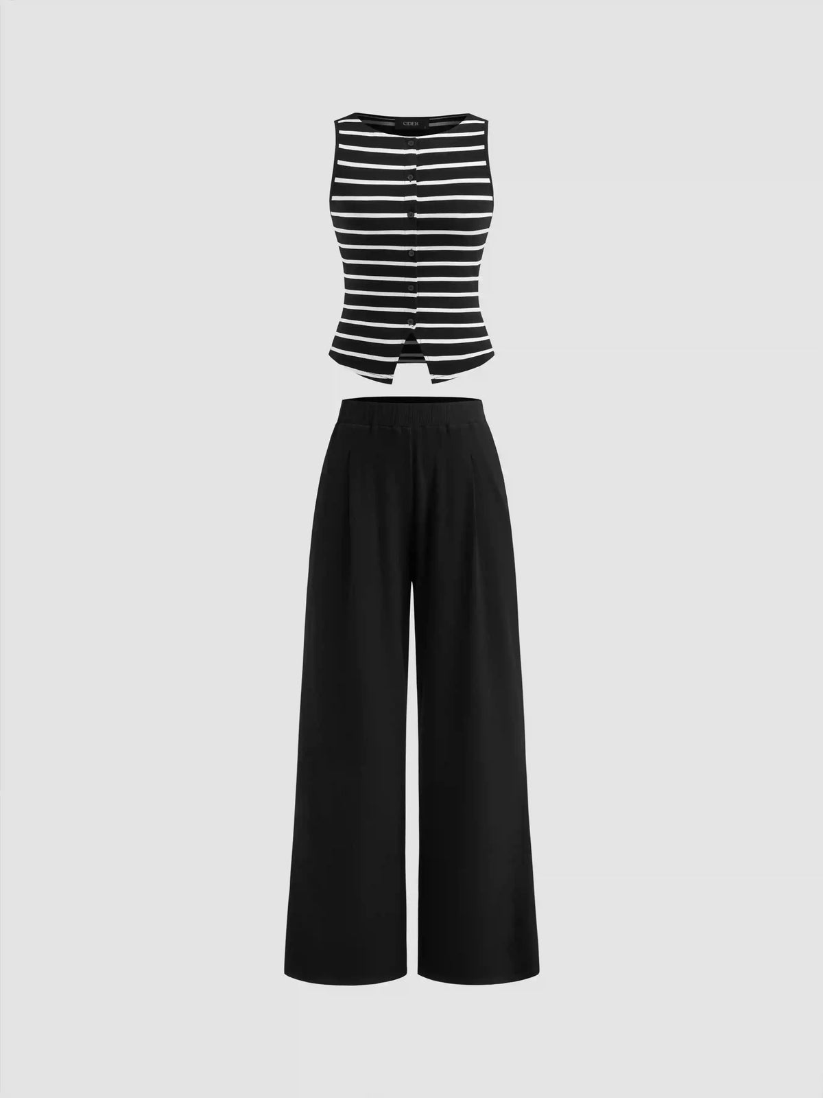 Striped Round Neckline Split Tank Top & Mid Rise Straight Leg Trousers Set