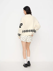 Knit Wool-blend Bowknot Collar Long Sleeve Zip Through Oversized Cardigan