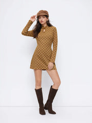 Plaid Stand Collar Long Sleeve Cut Out A-line Mini Dress
