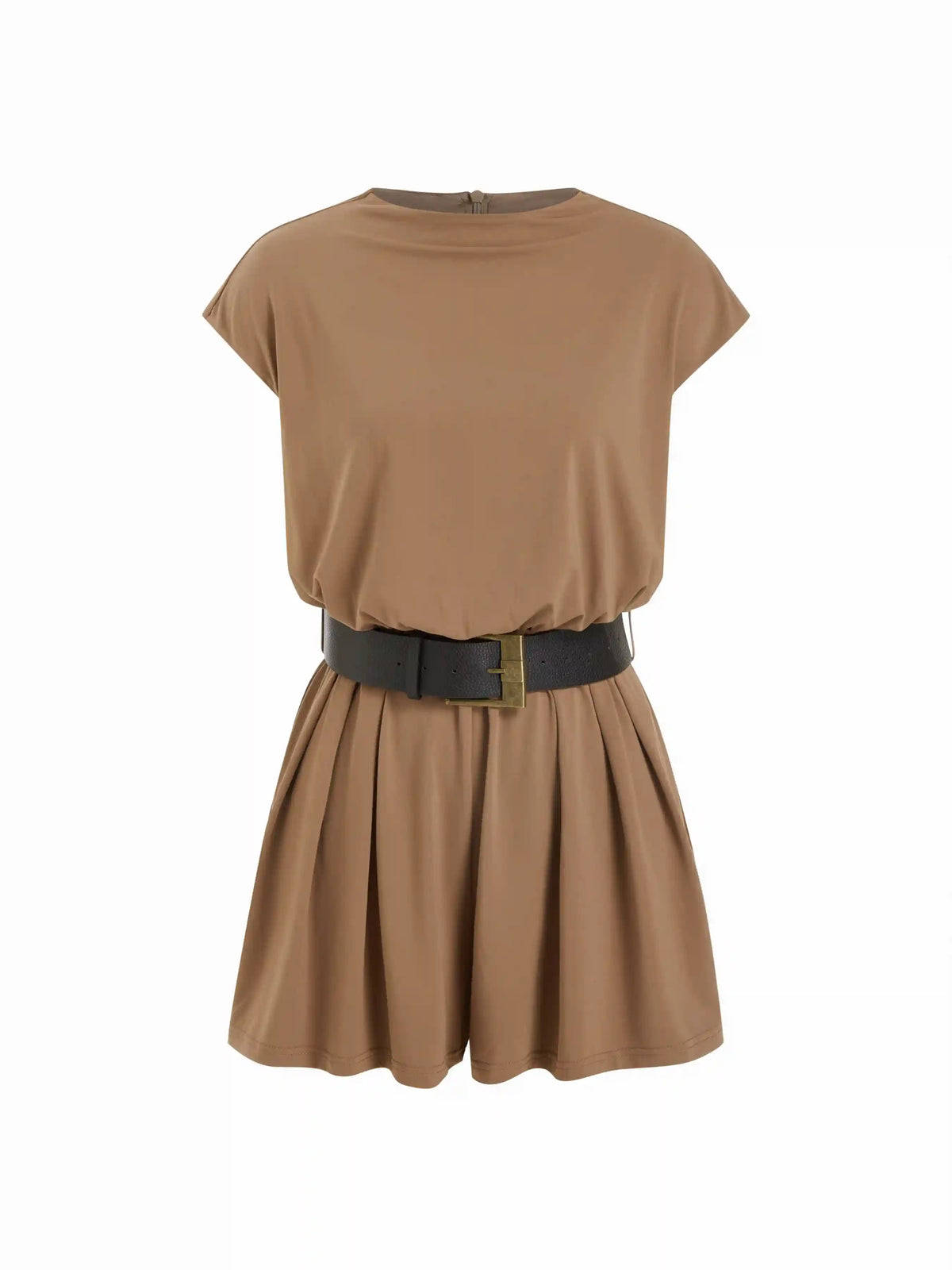 High Stretch Round Neckline Mid Rise Oversized Romper with Belt