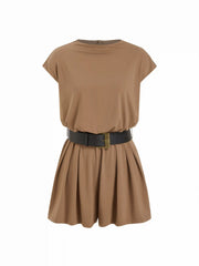 High Stretch Round Neckline Mid Rise Oversized Romper with Belt
