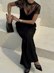 Lace See-through Top & V Neck Wide Leg Jumpsuit