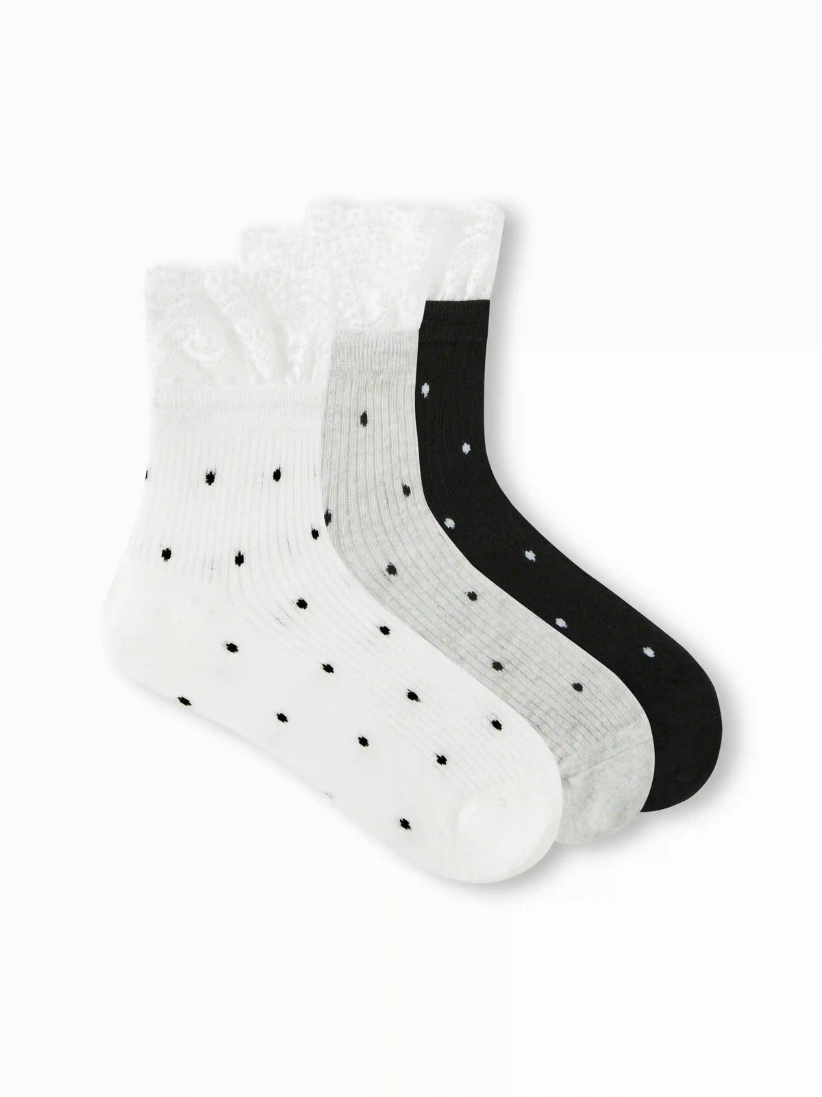 3 PAIRS POLKA DOT LACE TRIM CREW SOCKS