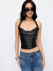 Faux Leather Halter Neckline Crop Top