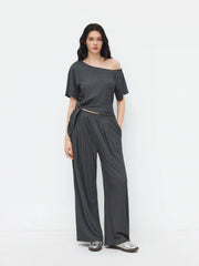 Asymmetrical Neck Short Sleeve Knotted Top & Mid Rise Trousers Set