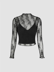 High Neck Lace Floral Blouse & Solid Crop Cami Top Set