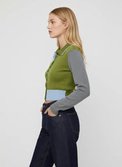 Knit Colorblock Patchy Collar Long Sleeve Button Cardigan
