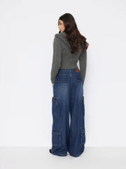 Cider Denim Low Rise Wide Leg Cargo Jeans