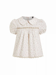 Cotton-blend Floral Peter Pan Collar Puff Sleeve Lace Insert Babydoll Blouse