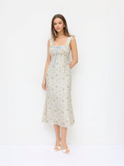 Plisse Floral Square Neck Bowknot Lace Trim Mermaid Midi Dress