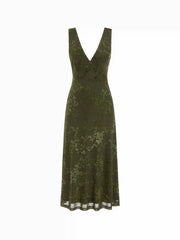 Mesh V-neck Floral Flared Midi Dress