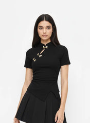 Mandarin Collar Ruched Split Top
