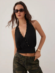 Halter Neck Crossover Metal Detail Backless Top