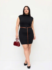 Knit Stand Collar Straight Mini Dress With Belt Curve & Plus
