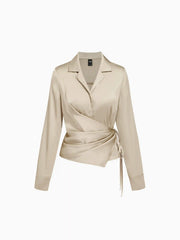 Notched Collar Ruched Knotted Shirt