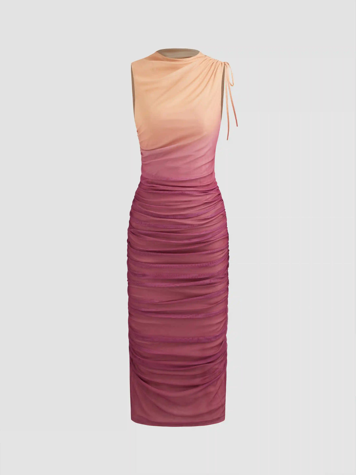 Mesh Round Neckline Gradient Ruched Drawstring Maxi Dress