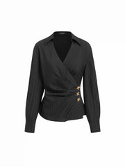V-neck Striped Metal Button Wrap Blouse