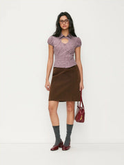 Cotton-blend Gingham Puff Sleeve Cut Out Blouse