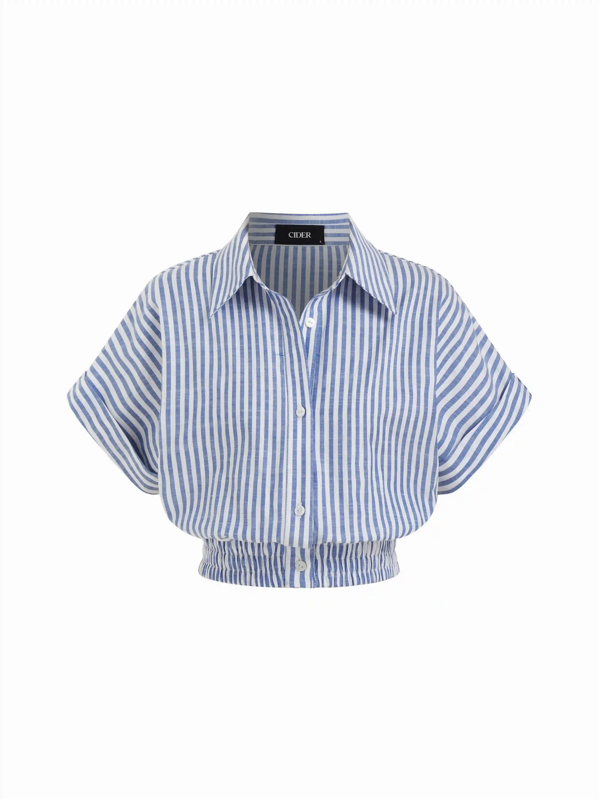 Cotton-blend Stripes Collar Batwing Sleeve Shirred Crop Blouse