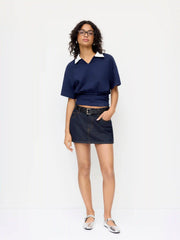 Cotton-blend Two-tone Collar Batwing Sleeve Shirred Hem Top