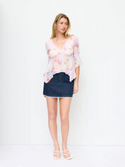 Stretch Denim High Rise Lace Trim Pencil Mini Skirt