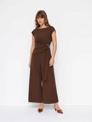 Boat Neck Ruched Metal Detail Wide Leg Jumpsuit