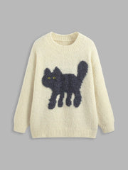 Wool-blend Round Neckline Cat Knitted Long Sleeve Sweater