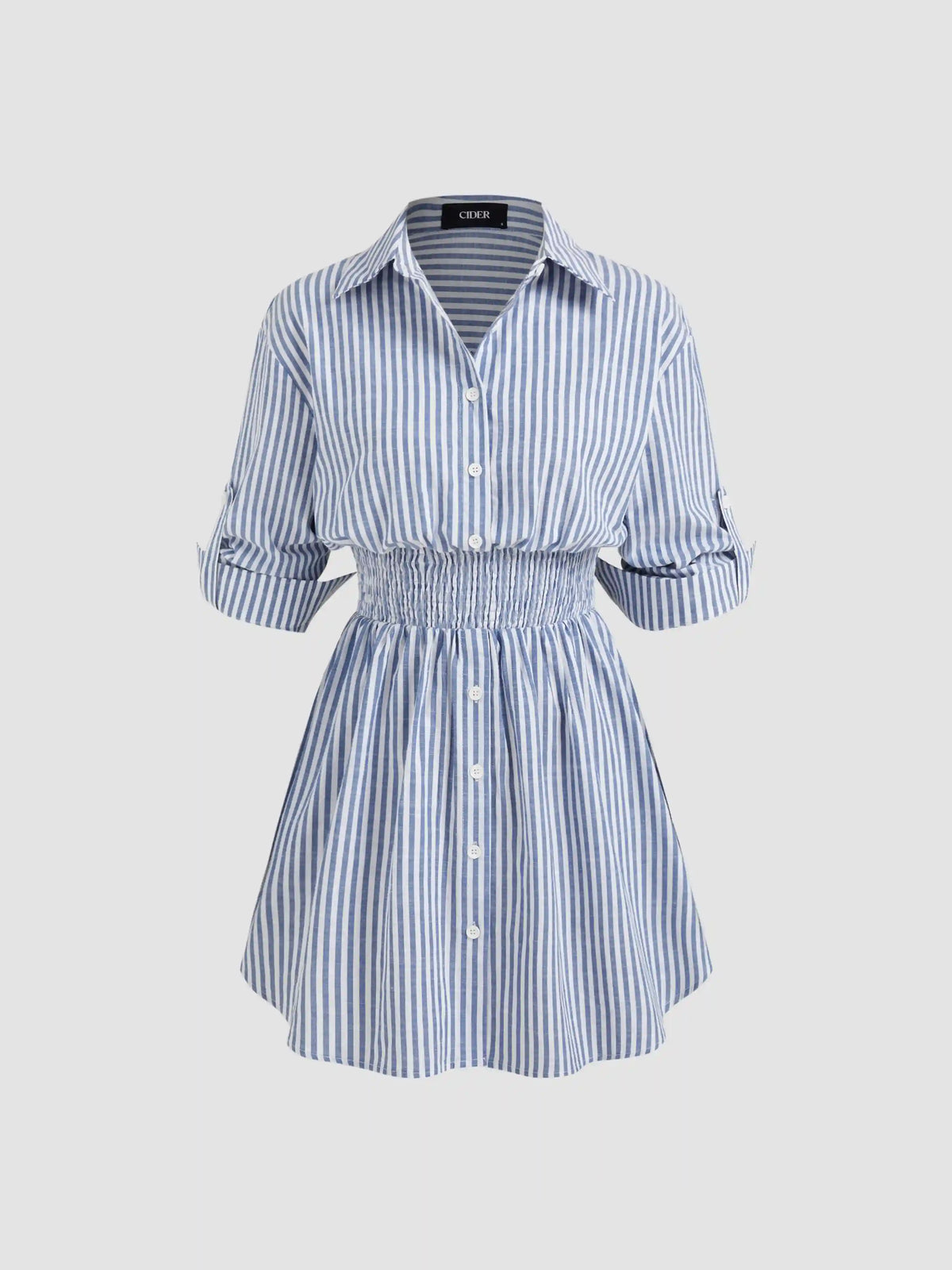Cotton-blend Collar Striped Shirred Button Mini Shirt Dress