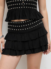 Low Rise Rivet Ruffle Hem Layered Mini Skort