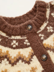 Knit Round Neckline Fair Isle Button Long Sleeve Cardigan