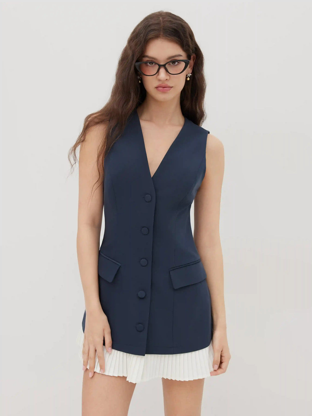 V-neck Two Tone Pleated Mini Dress