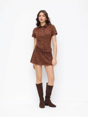 Suede Polo Button Front Belted Mini Dress
