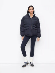 Reversible Stand Collar Colorblock Drawstring Zip Through Oversized Puffer