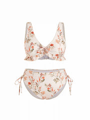 Floral V-neck Ruffle Hem Tie Front Bracelet Top & Mid Rise Bikini Bottom Set Curve & Plus