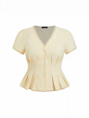 Cotton-blend V-neck Pleated Ruffle Hem Blouse Curve & Plus
