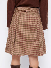 Tweed Mid Rise Houndstooth Midi Skirt With Belt