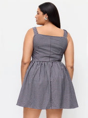 Gingham Cowl Neck Shirred A-line Mini Dress Curve & Plus