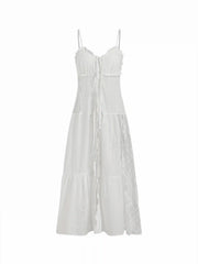 Cotton-blend Sweetheart Lace Panel Flared Maxi Dress