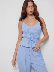 Gingham V-Neck Ruched Peplum Top & Mid Rise Wide Leg Trousers Set