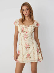 Chiffon Floral Square Neck Ruffle Sleeve Tie Front A-line Mini Dress