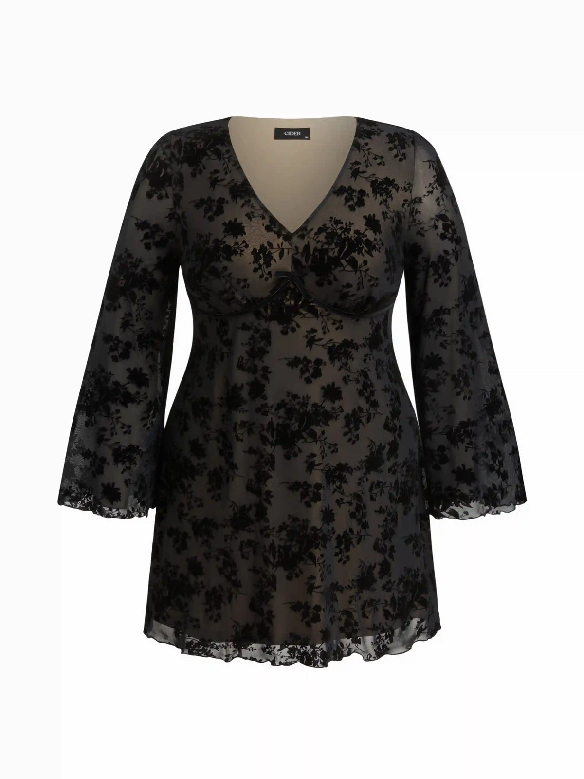 Mesh V-neck Floral Bow Long Sleeve Mini Dress Curve & Plus