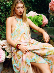 Chiffon Tie Dye V-neck Backless A-line Maxi Dress