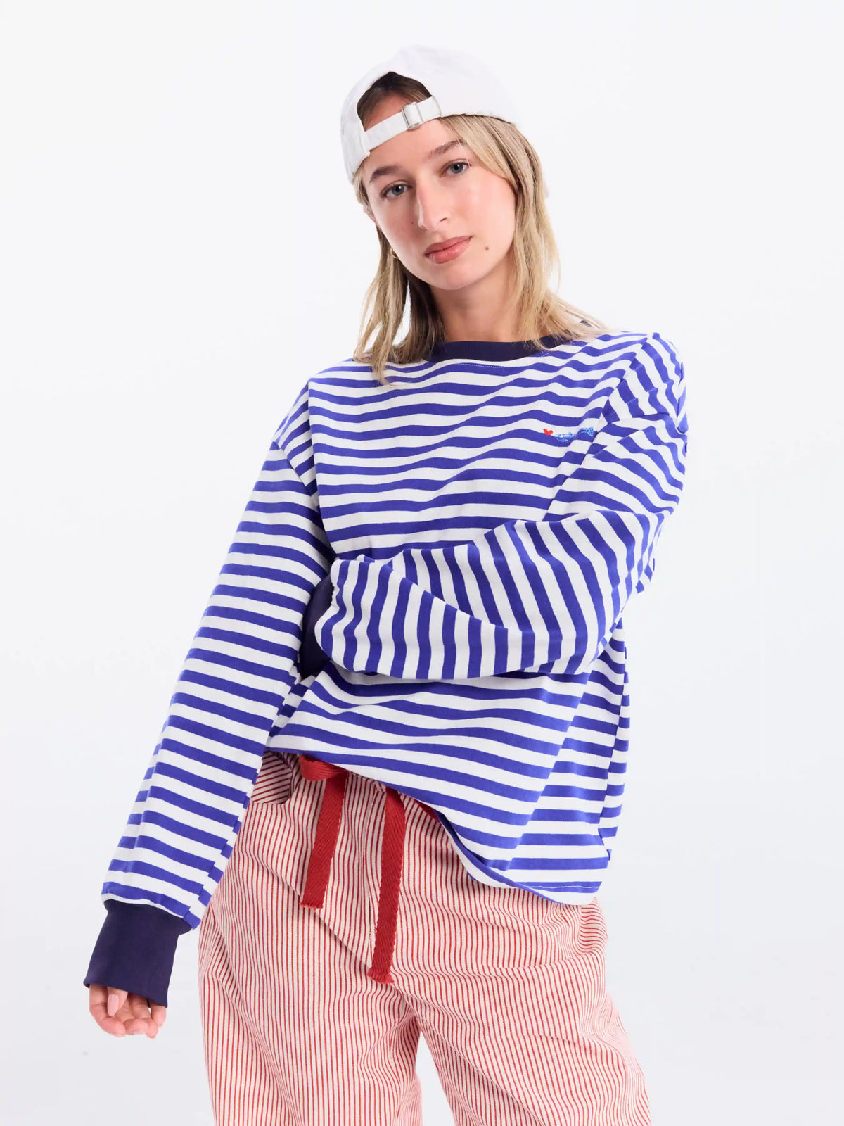 Cotton Striped Fish Embroidery Contrasting Binding Long Sleeve Tee
