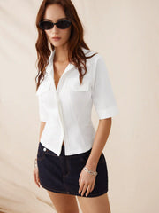 Cotton-blend Collar Button Middle Sleeve Shirt