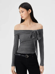Wool-blend Off-shoulder Bowknot Ruched Top