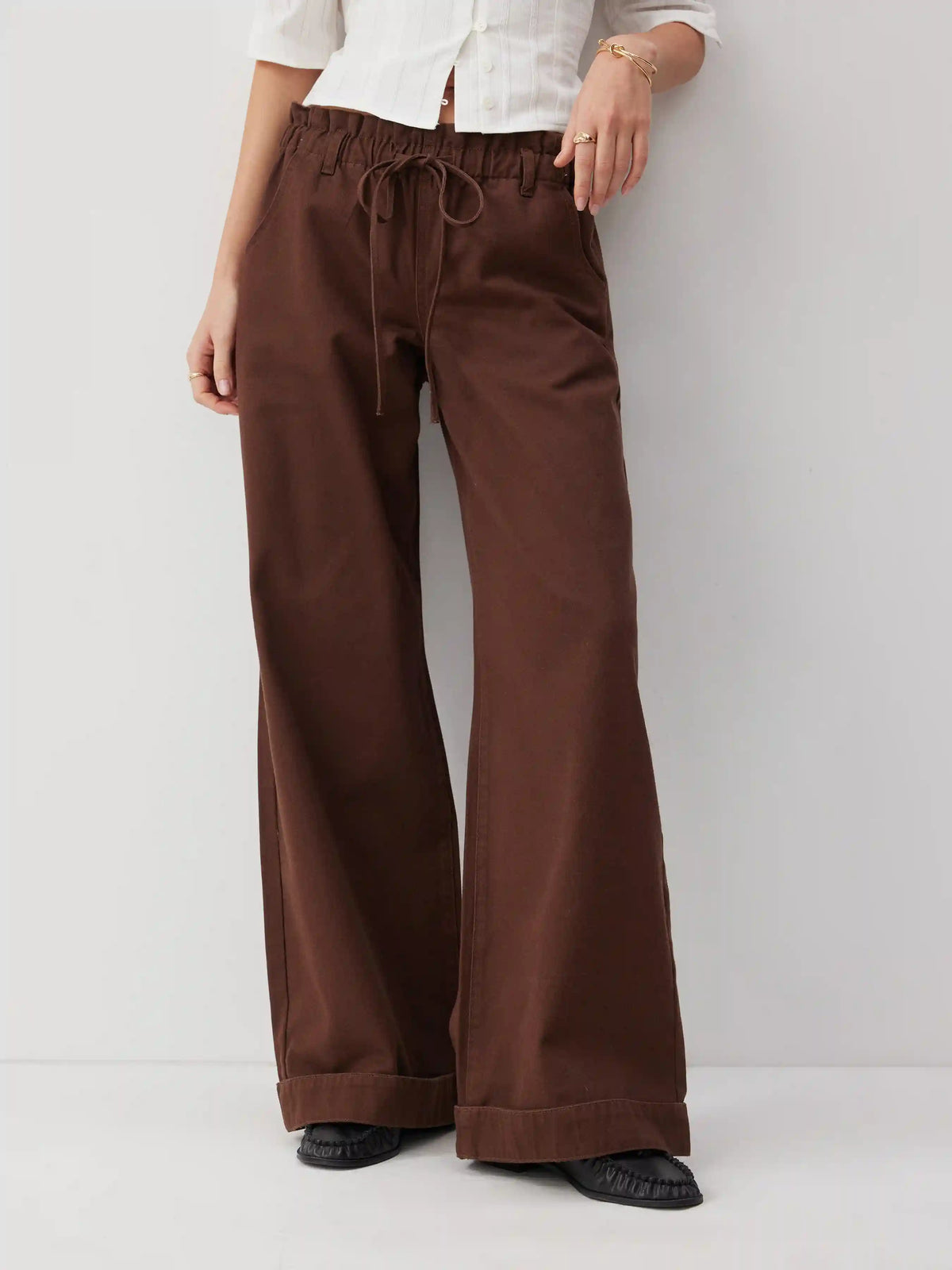 Washed Denim Low Rise Drawstring Wide Leg Jeans