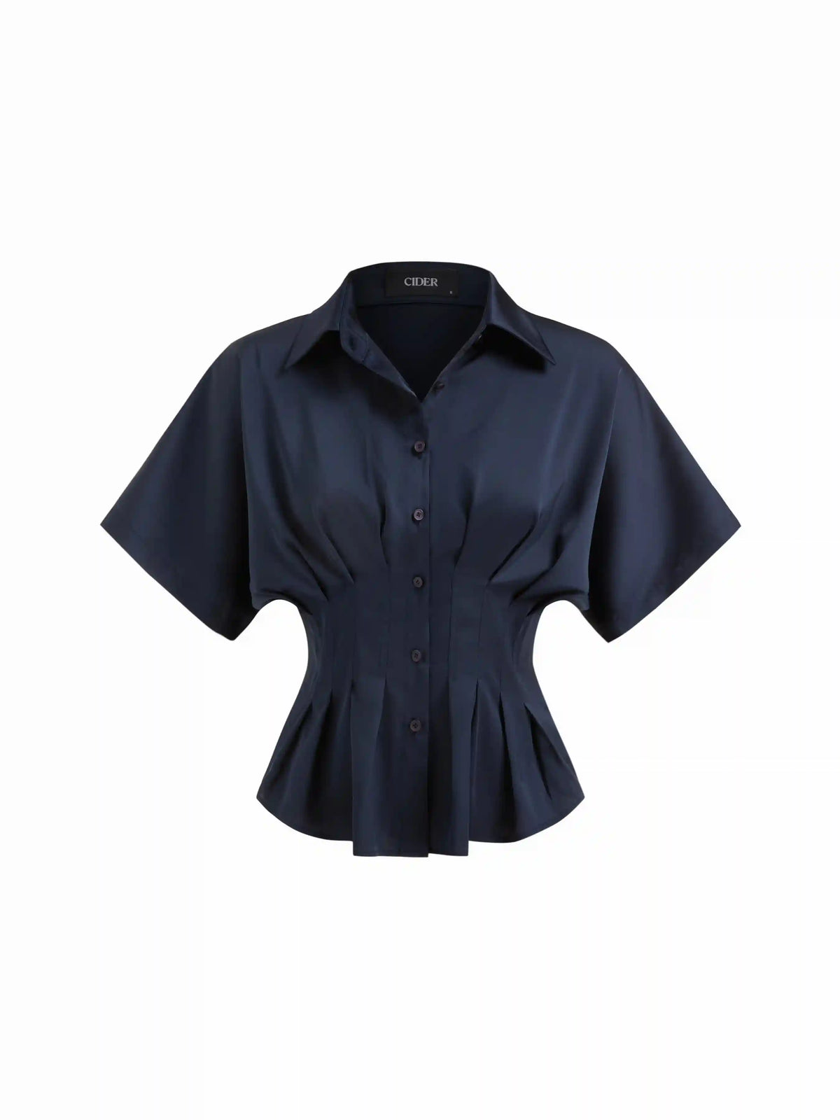 Satin Collar Pleated Cinched Short Sleeve Shirt