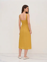 Linen-blend V-neck Beaded Cut Out Ruffle Maxi Dress
