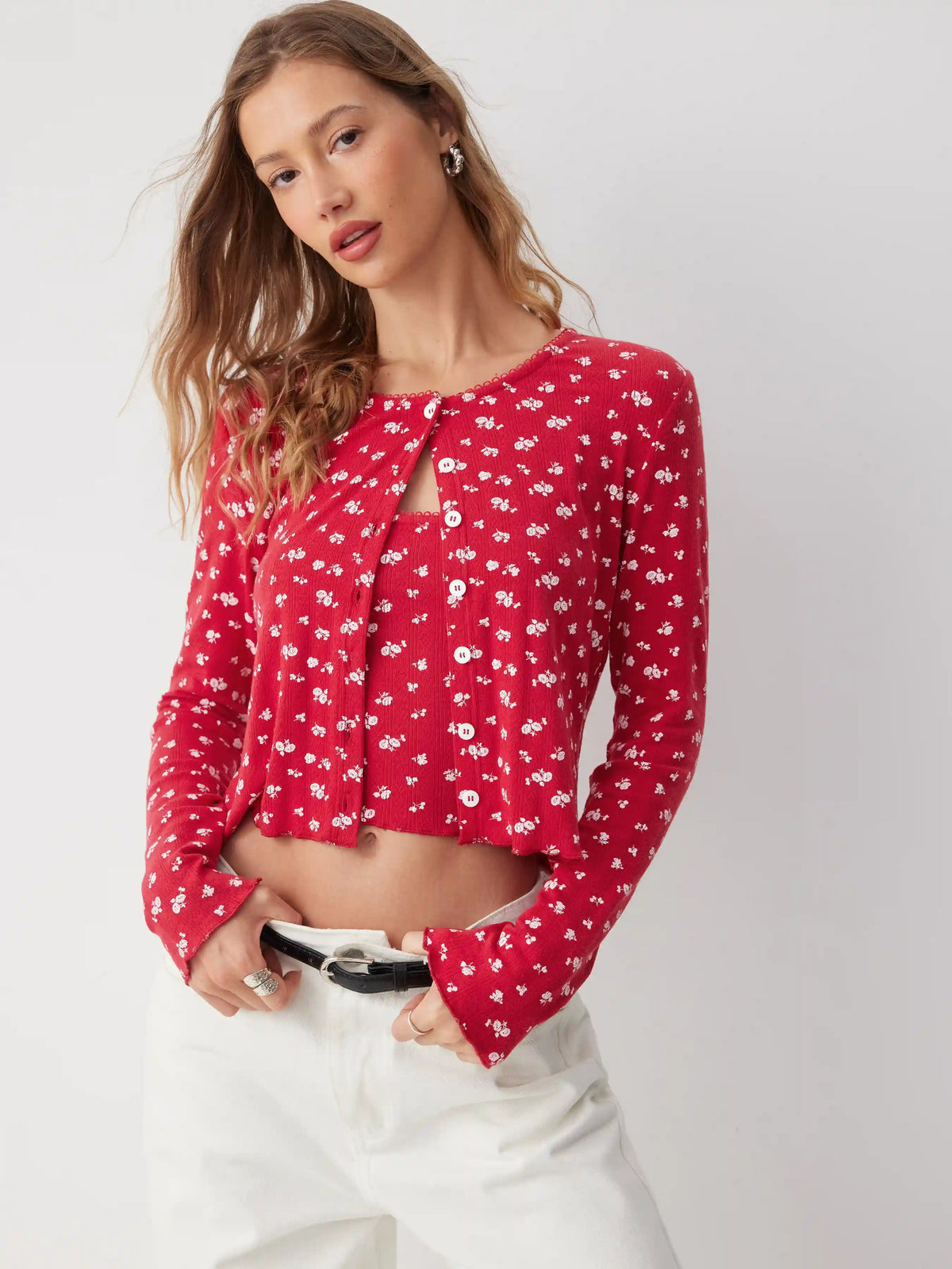 Two-piece Jacquard Floral Round Neck Cardigan & Floral Cami Top